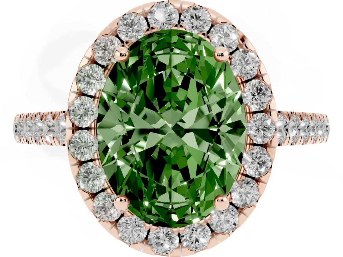Fancy Green Oval Cut Halo Pave Diamond Engagement Ring with Four-Prong Setting Rose gold