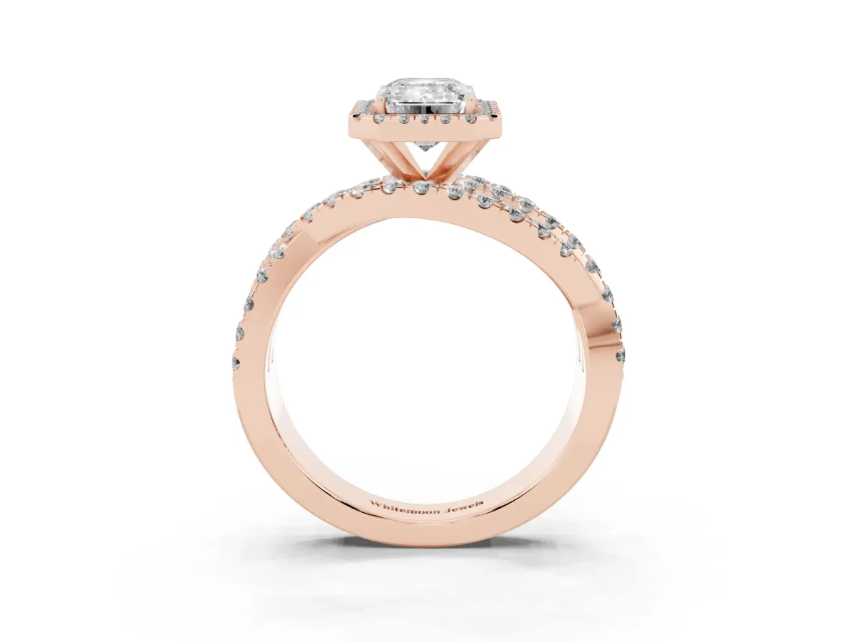 Emerald Cut Diamond Halo Ring with Round Split Shank and Prong Setting Rose gold