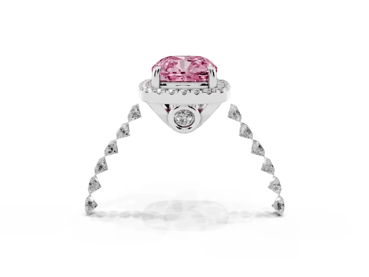 Fancy Pink Cushion Cut Halo Pavé Diamond Engagement Ring with Four-Prong Setting Silver