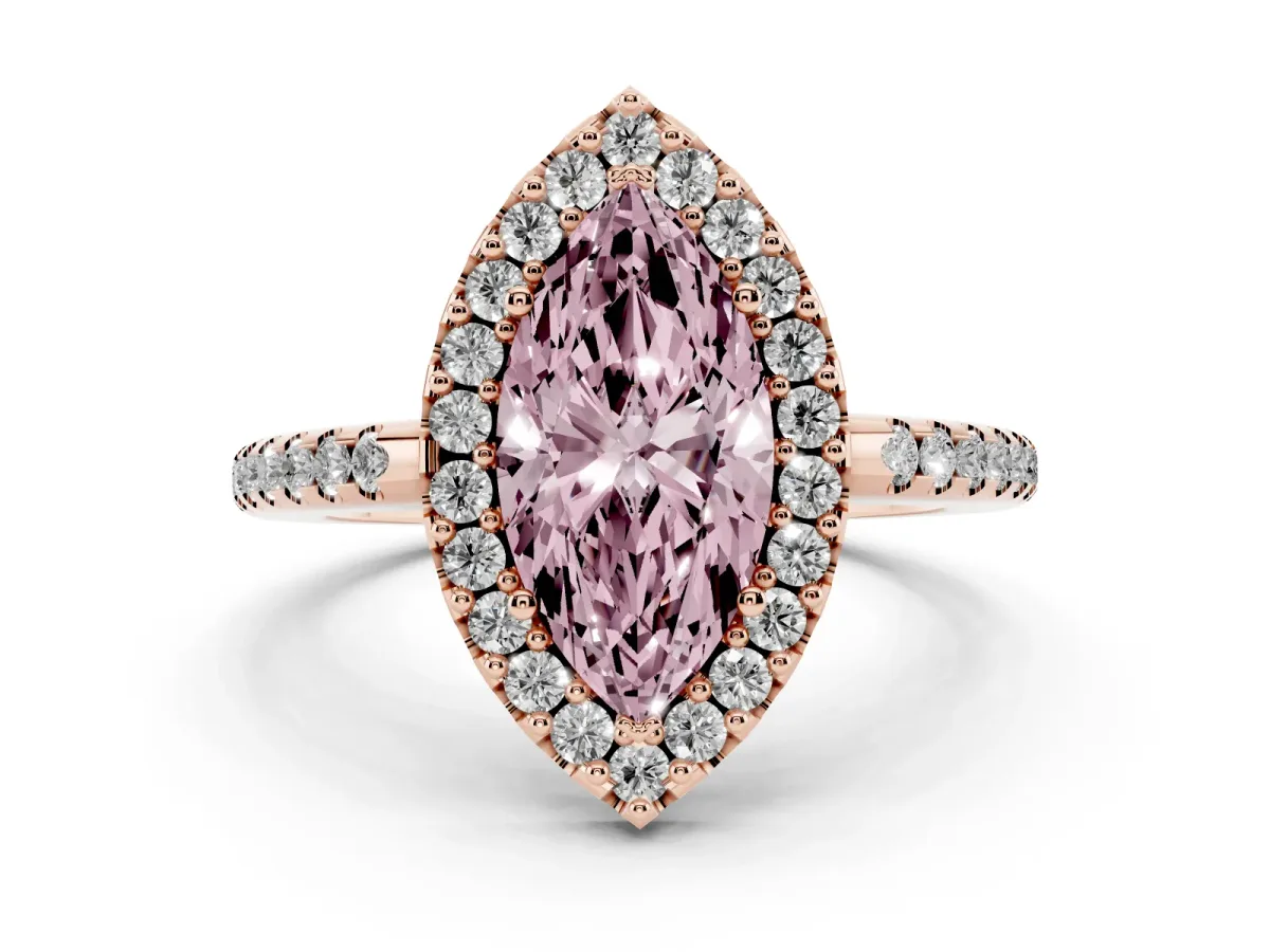 Fancy Pink Marquise Cut Diamond Pavé Halo Ring with Four-Prong Setting Rose gold