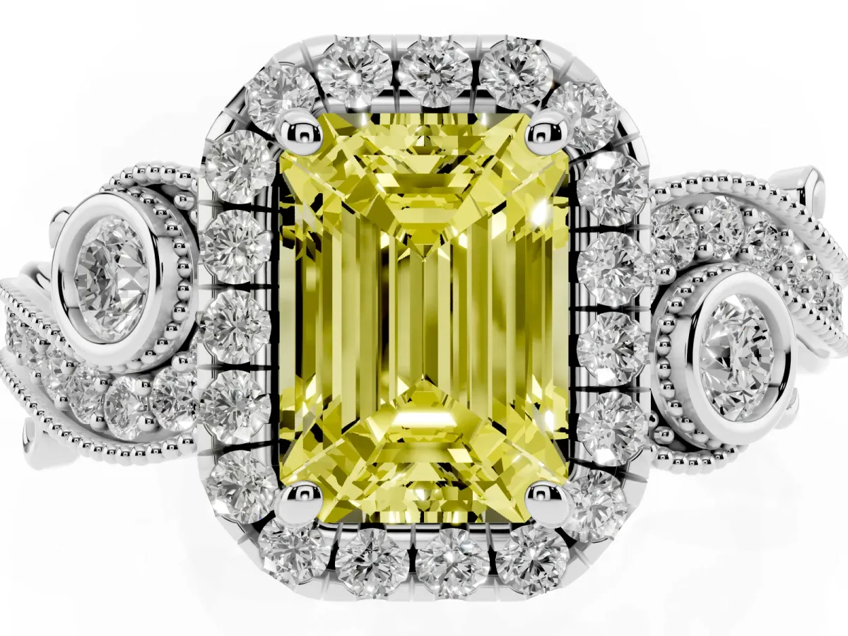 Fancy Yellow Emerald Cut Diamond Halo Ring with Milgrain Pavé Band and Four-Prong Setting White gold