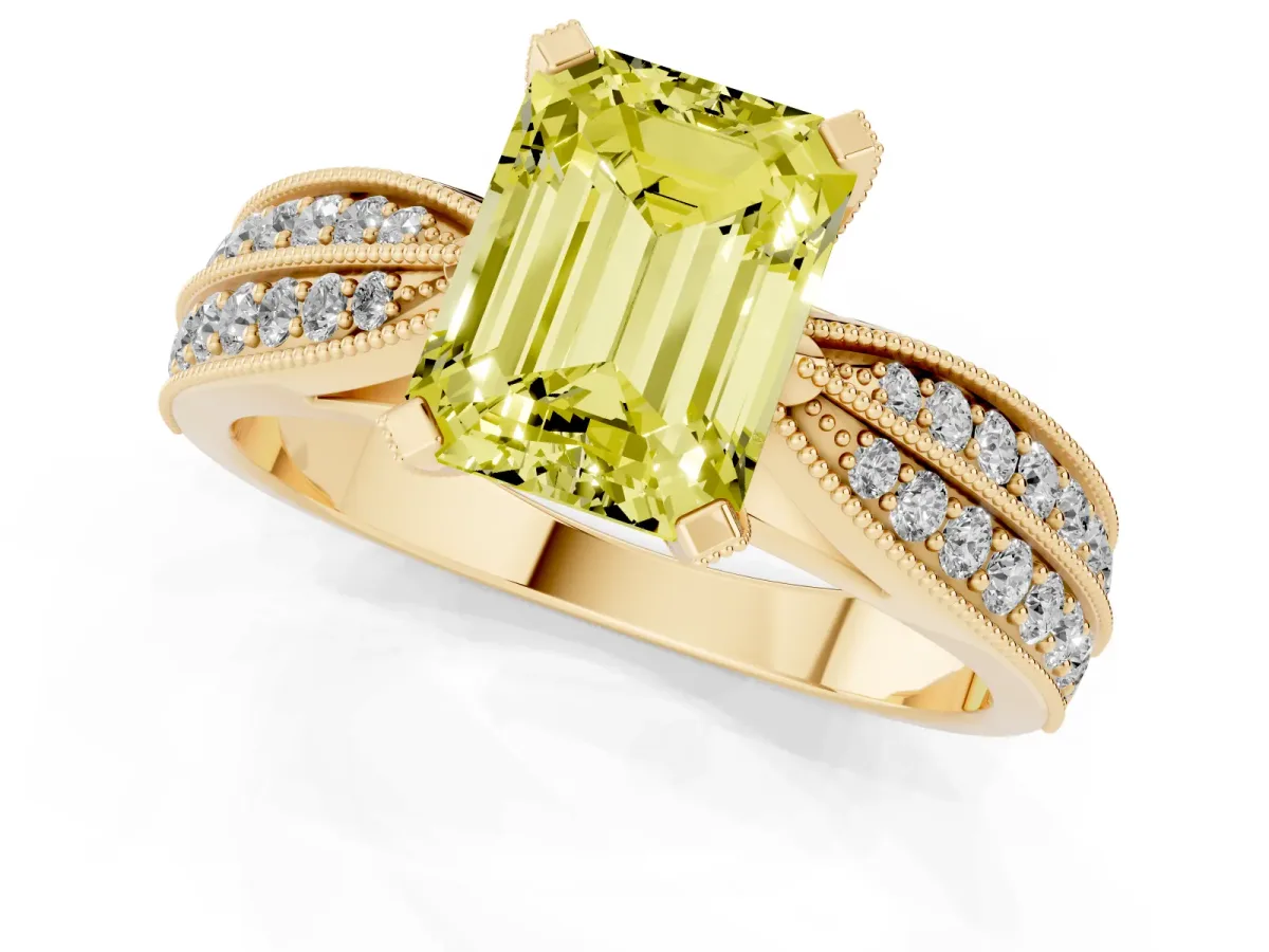 Fancy Yellow Emerald Cut Diamond Solitaire Ring with Milgrain Round Pavé Band and Prong Setting Yellow gold
