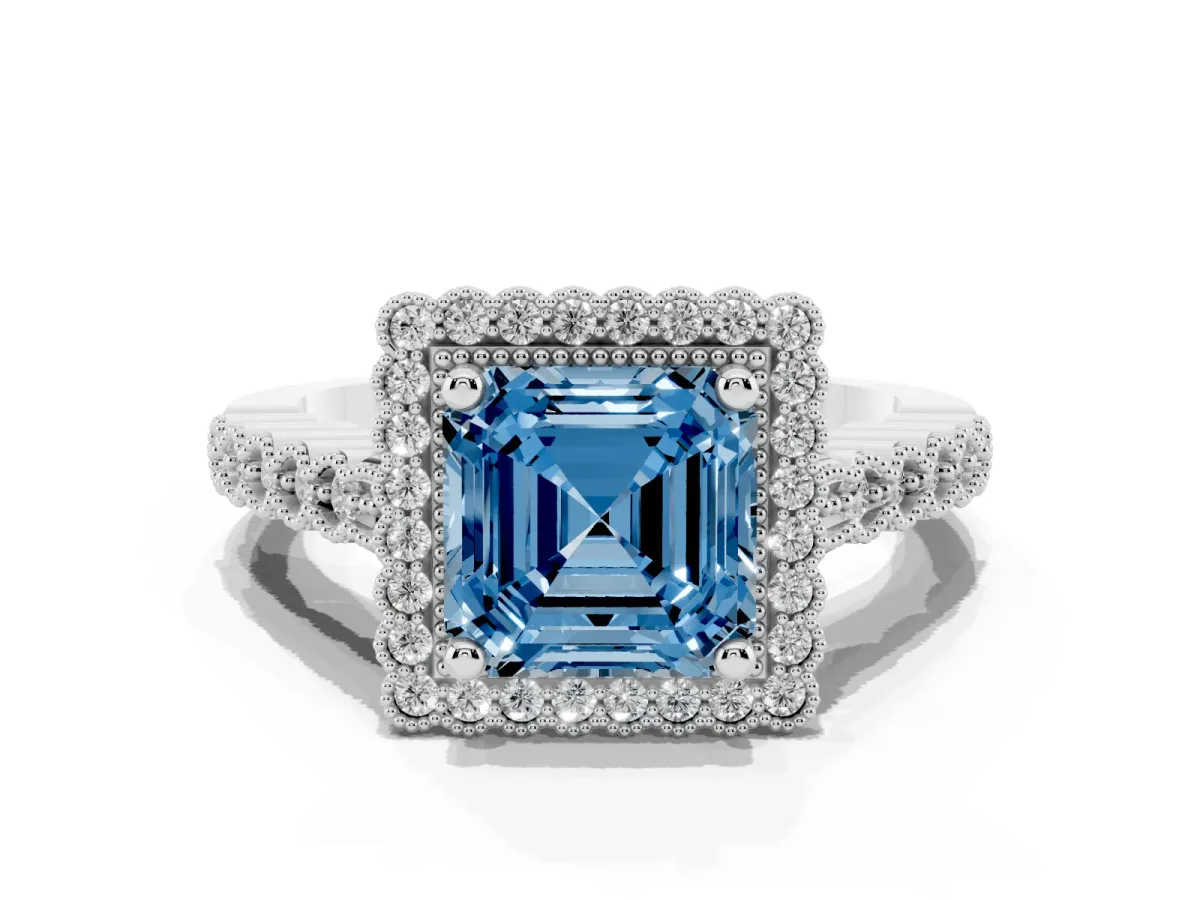 Fancy Blue Asscher Cut Cut Halo Pavé Solitaire Ring with Milgrain Band Platinum