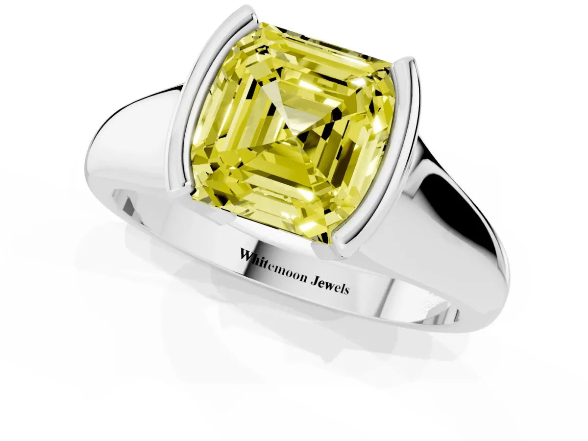 Fancy Yellow Asscher Cut Solitaire Tension Set Diamond Ring with Split Shank Band Platinum