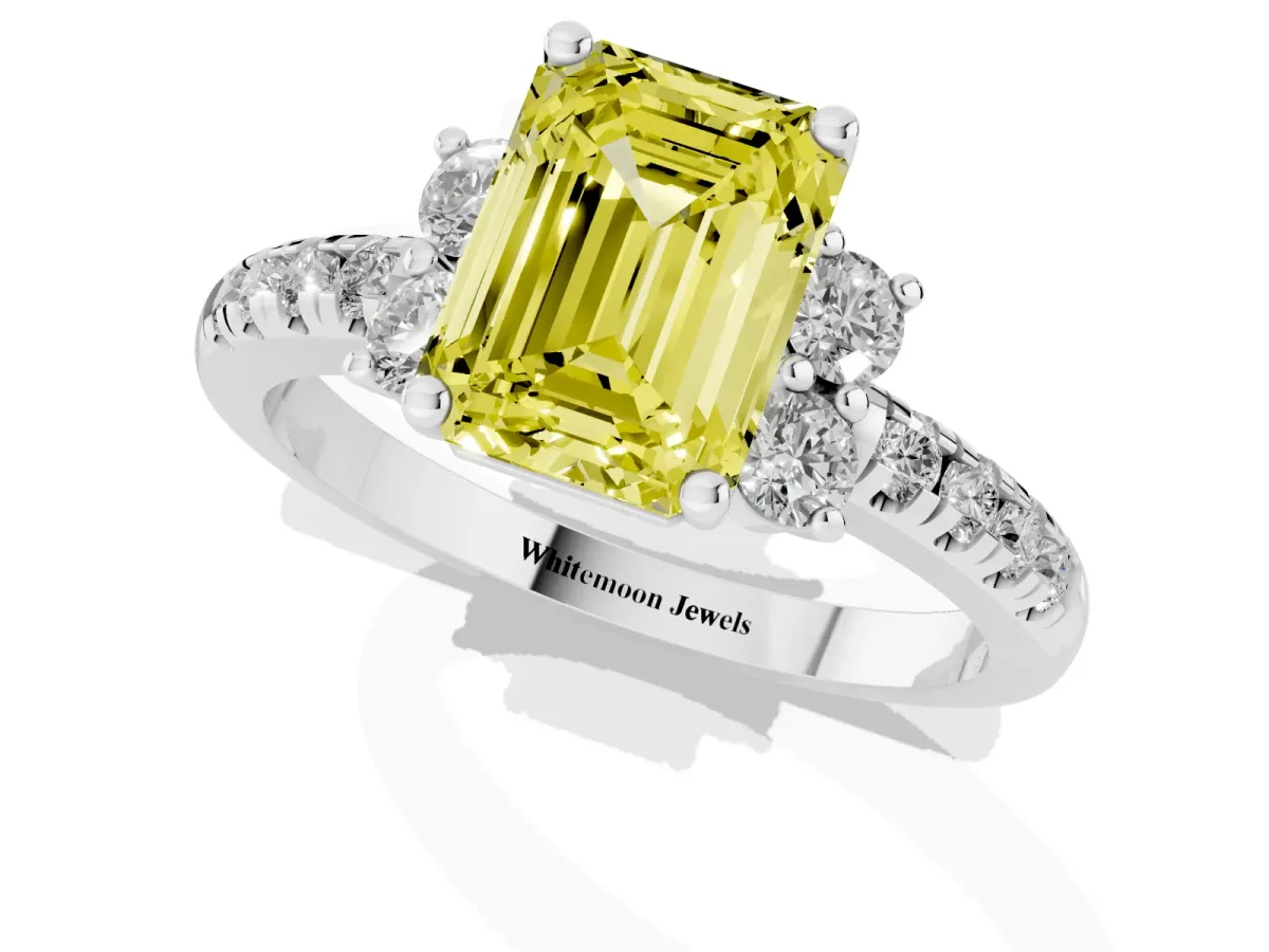 Fancy Yellow Emerald Cut Diamond Three-Stone Pave Band with Four-Prong Setting Platinum