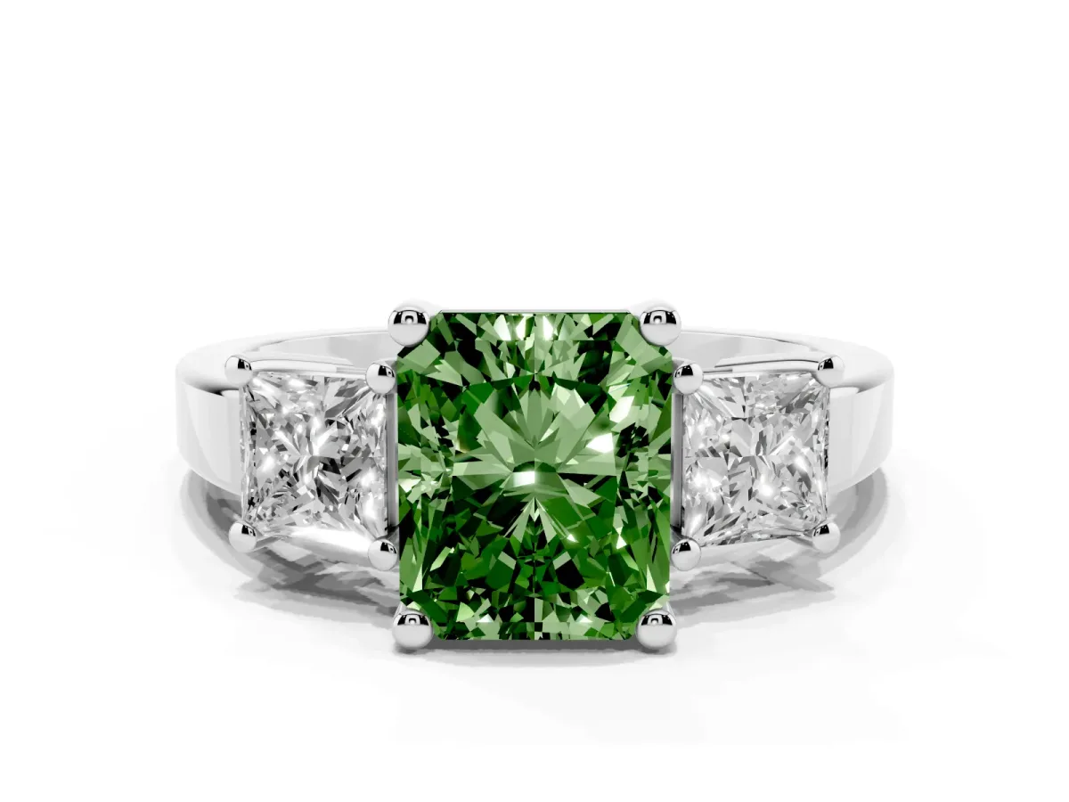 Fancy Green Three-Stone Radiant Cut Cut Solitaire Ring with Prong Setting Silver