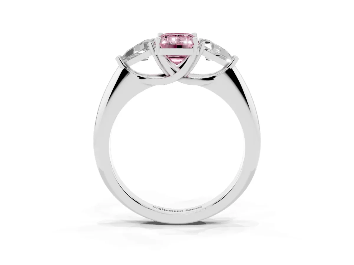 Fancy Pink Three-Stone Emerald Cut Diamond Engagement Ring with Trillion Side Stones and Prong Setting Silver