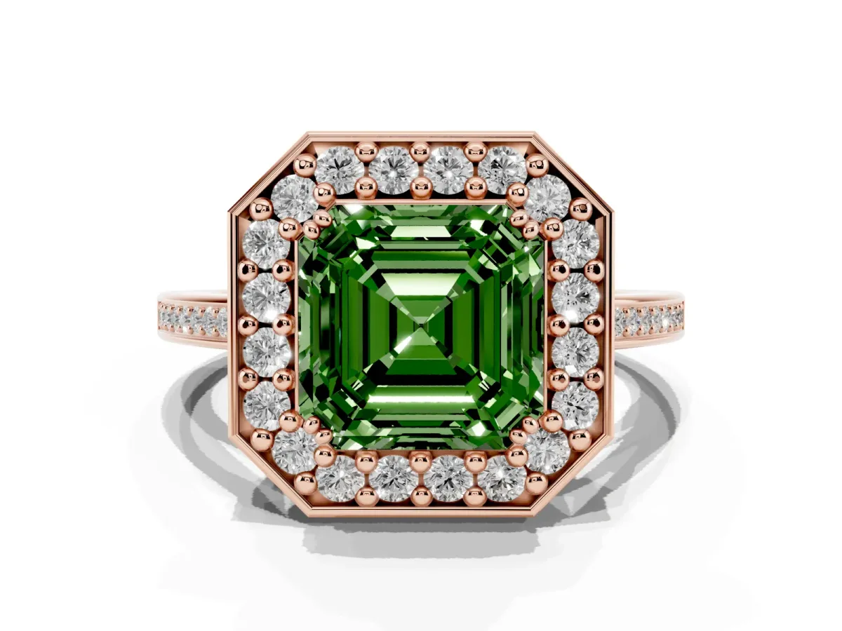 Fancy Green Asscher Cut Diamond Halo Ring with Split Shank and Four-Prong Setting Rose gold