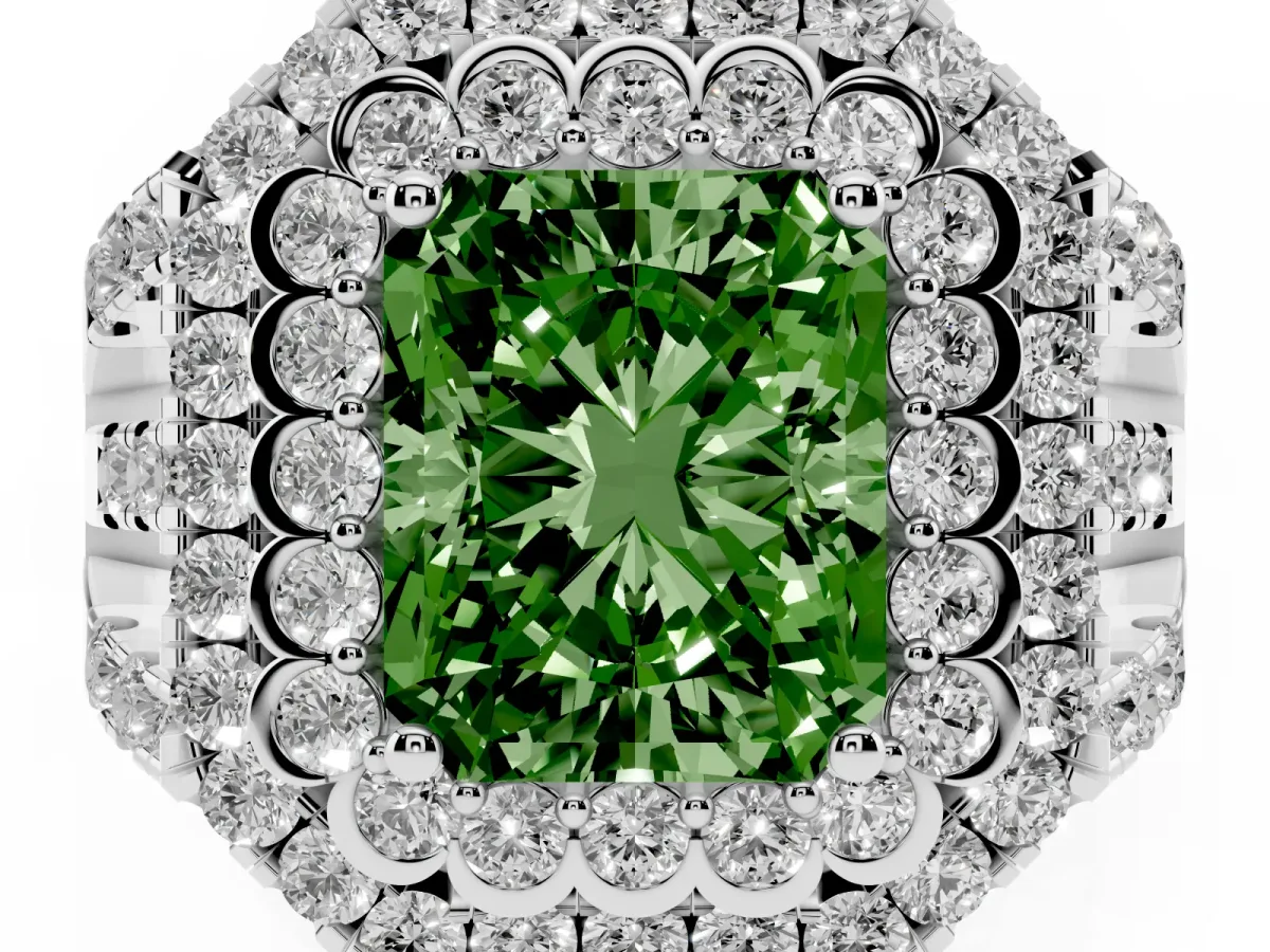 Fancy Green Radiant Cut Diamond Double Halo Ring with Round Pavé Split Shank and Prong Setting Silver