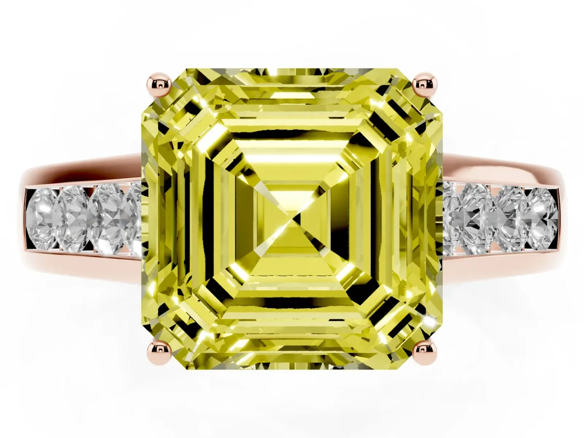 Fancy Yellow Asscher Cut Solitaire Channel-Set Diamond Engagement Ring with Four-Prong Setting Rose gold