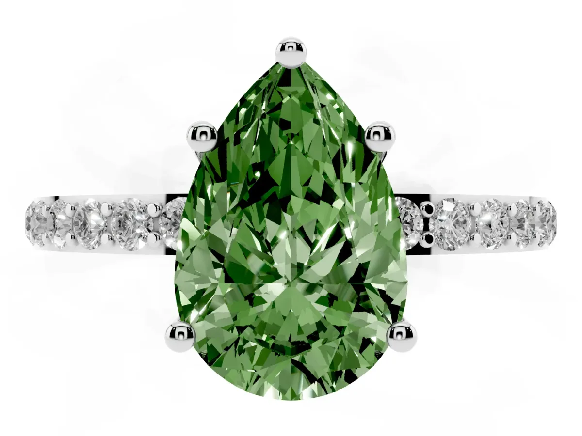 Fancy Green Pear Cut Diamond Solitaire Ring with Round Pavé Shoulders and Prong Setting Silver