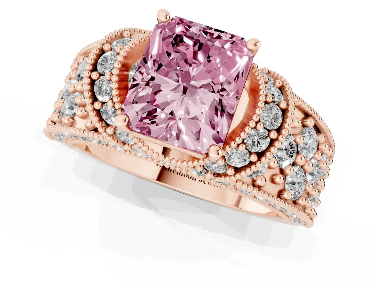 Fancy Pink Radiant Cut Halo Pave Diamond Engagement Ring with Milgrain Detailing Rose gold