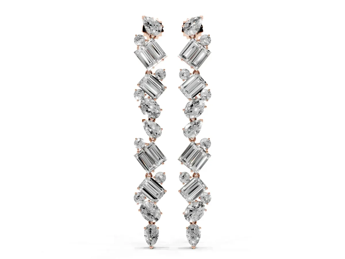 Pear, Emerald, and Round Diamond Linear Drop Earrings Rose gold