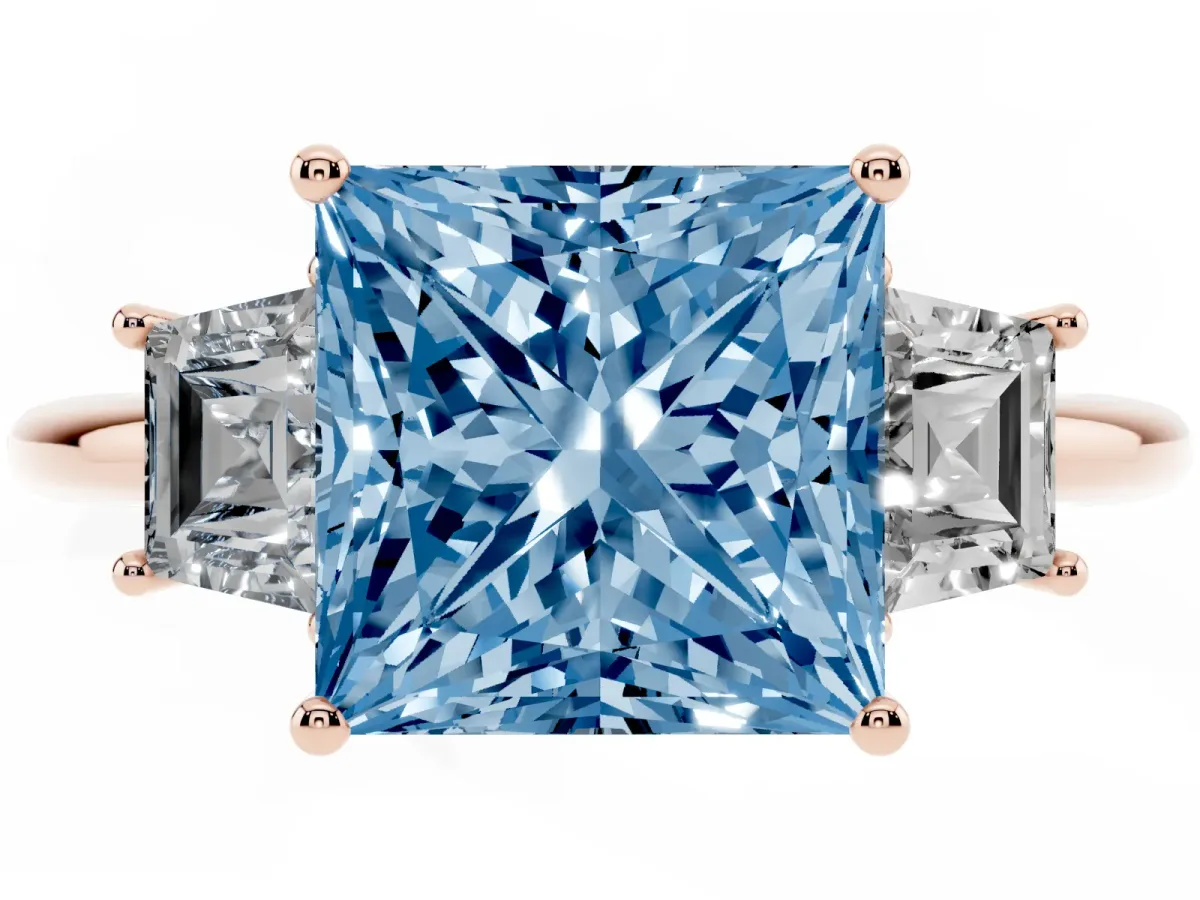 Fancy Blue Princess Cut Diamond Three-Stone Ring with Trapezoid Side Stones and Prong Setting Rose gold