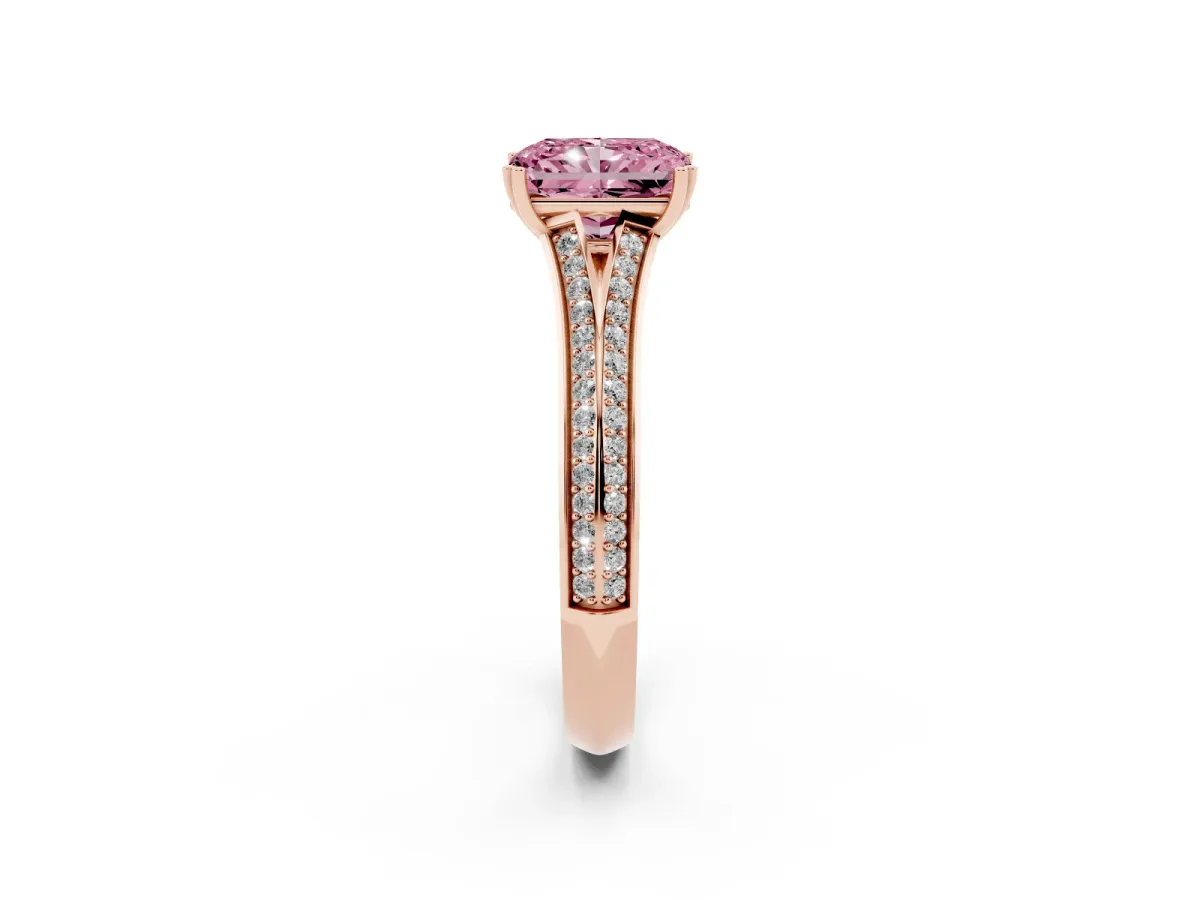 Fancy Pink Radiant Cut Diamond Split Shank Engagement Ring with Pavé Band Rose gold