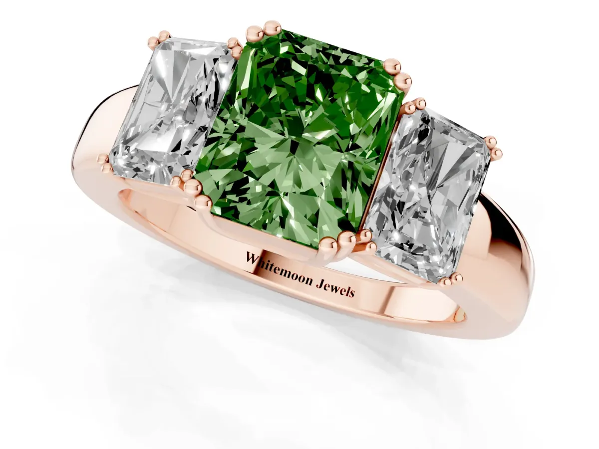 Fancy Green Three-Stone Radiant Cut Cut Diamond Ring with Channel Set Band and Four-Prong Setting Rose gold