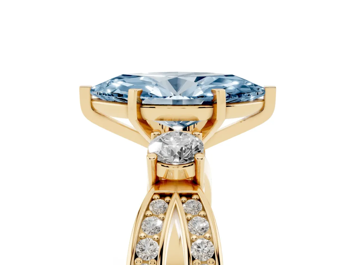 Fancy Blue Three-Stone Marquise Cut Cut Diamond Twist Band with Prong Setting Yellow gold