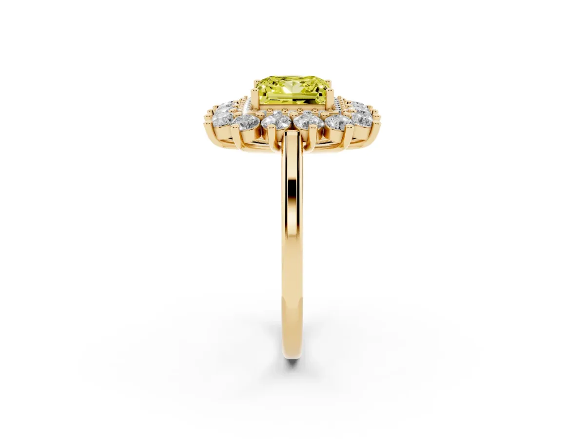 Fancy Yellow Princess Cut Diamond Floral Double Halo Engagement Ring with Prong Setting Yellow gold