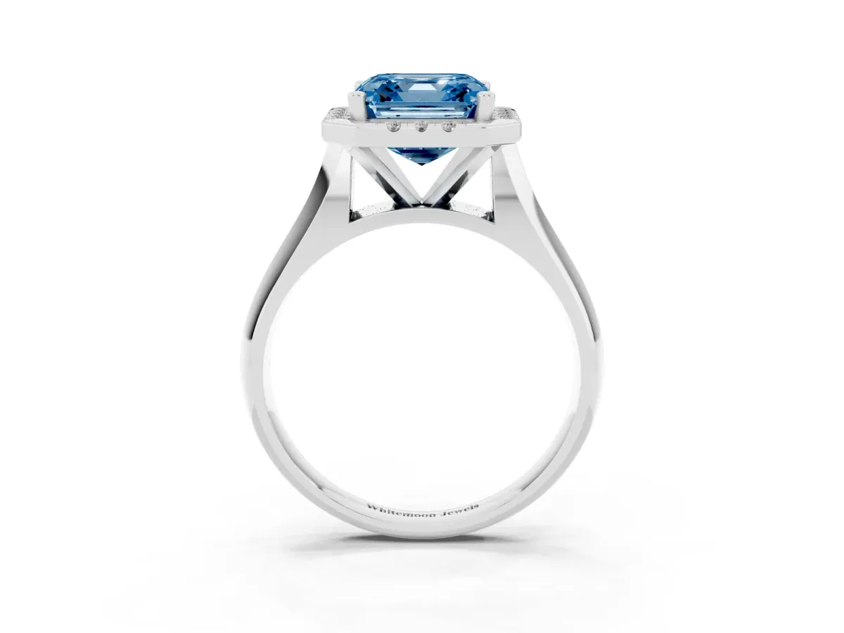 Fancy Blue Asscher Cut Cut Halo Solitaire Engagement Ring with Square Band and Four-Prong Setting White gold