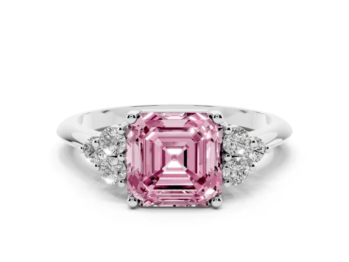 Fancy Pink Asscher Cut Cut Diamond Cluster Ring with Solitaire Band and Four-Prong Setting Silver