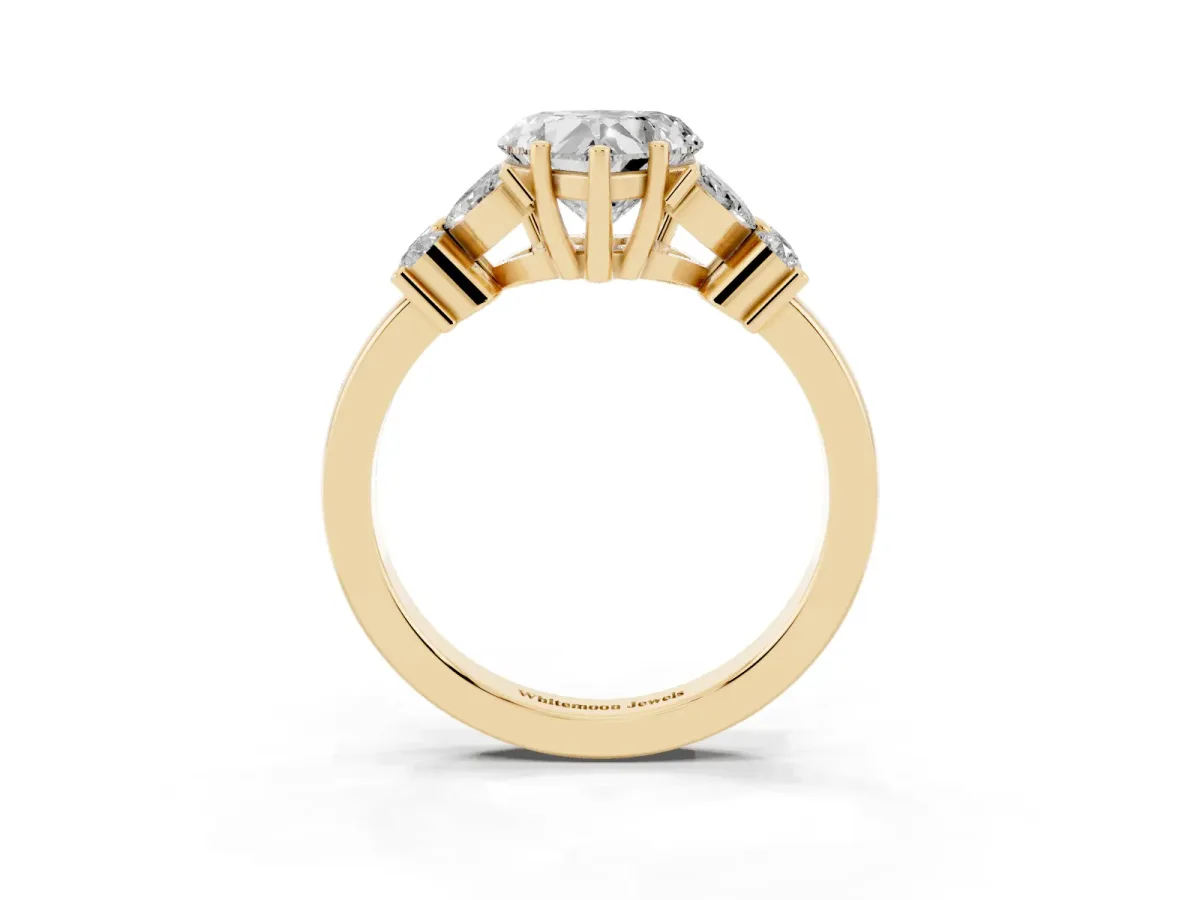 Heart Cut Diamond Floral Cluster Ring with Solitaire Band and Prong Setting Yellow gold