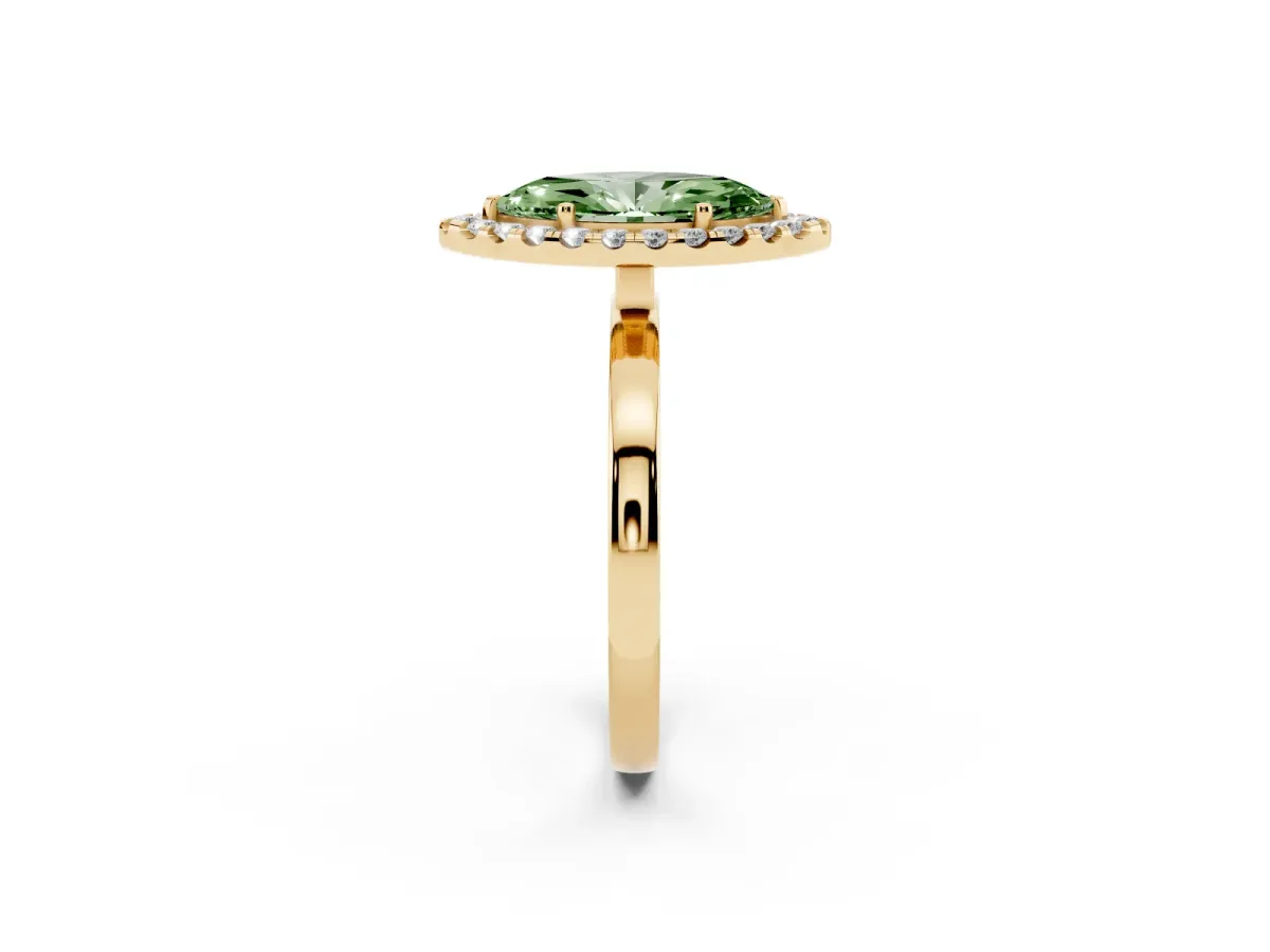 Fancy Green Marquise Cut Halo Diamond Solitaire with Pavé Band and Four-Prong Setting Yellow gold