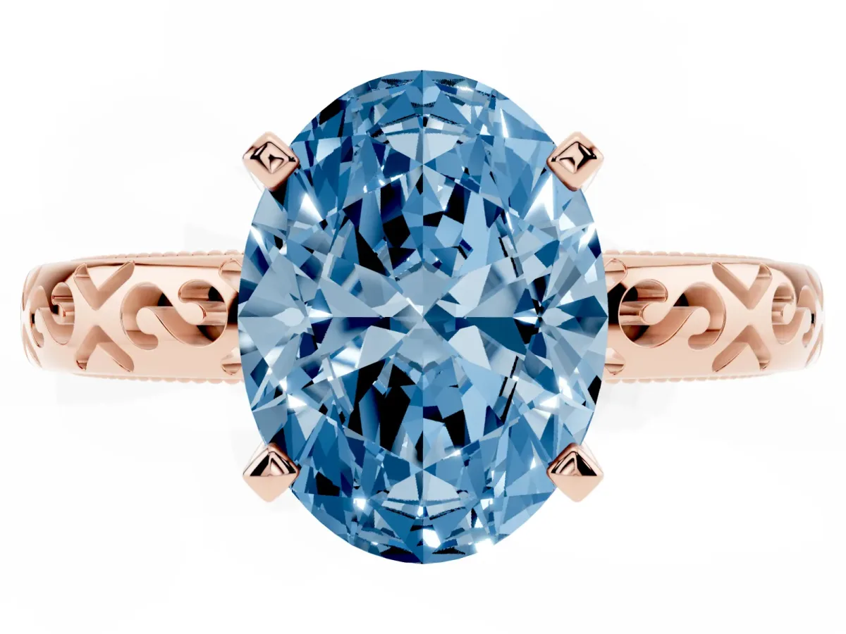 Fancy Blue Oval Cut Solitaire Engagement Ring with Scrollwork Band and Four-Prong Setting Rose gold