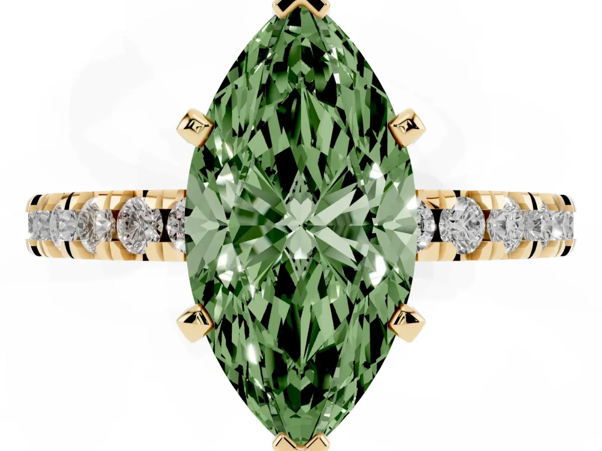 Fancy Green Marquise Cut Diamond Pavé Band Solitaire with Four-Prong Setting Yellow gold