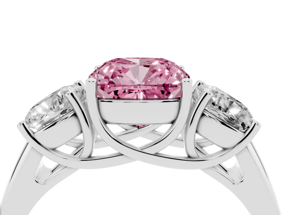 Fancy Pink Three-Stone Cushion Cut Diamond Engagement Ring with Prong Setting Platinum