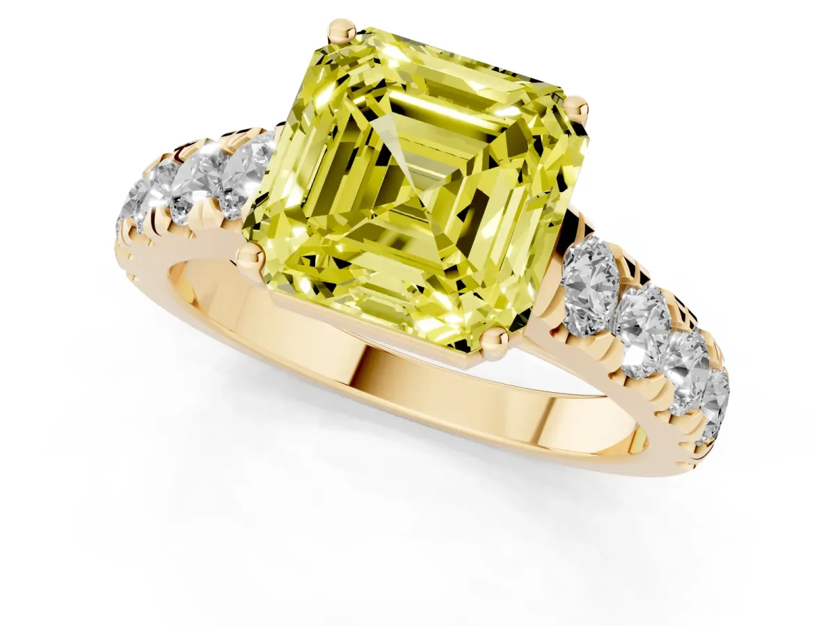 Fancy Yellow Asscher Cut Cut Diamond Solitaire Ring with Micro Pave Band and Prong Setting Yellow gold