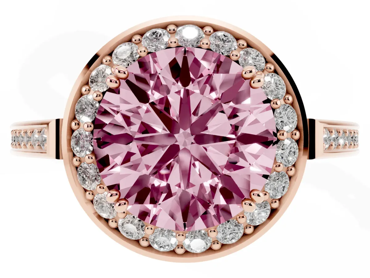 Fancy Pink Round Cut Diamond Halo Ring with Split Shank and Four-Prong Setting Rose gold