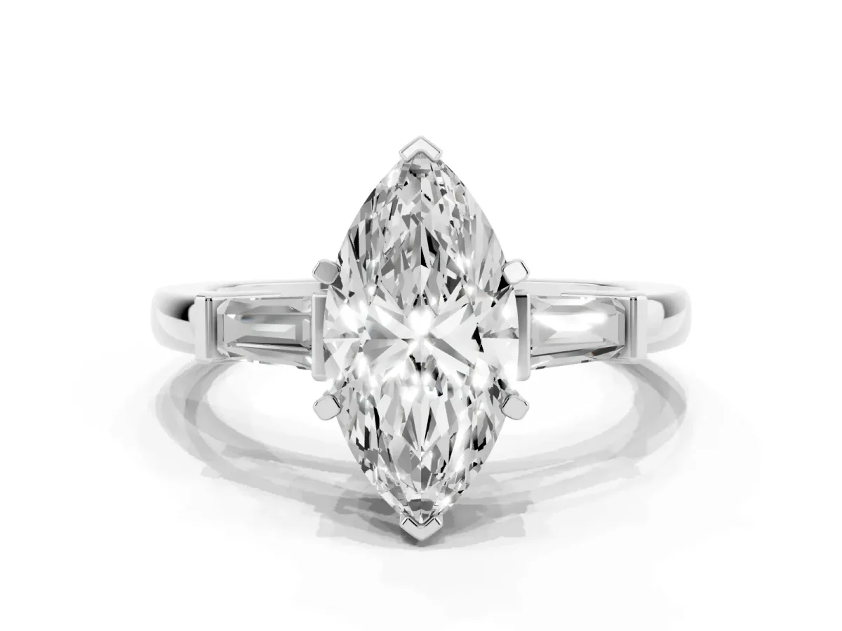 Marquise Cut Cut Diamond Solitaire Ring with Tapered Baguette Accents and Four-Prong Setting Platinum