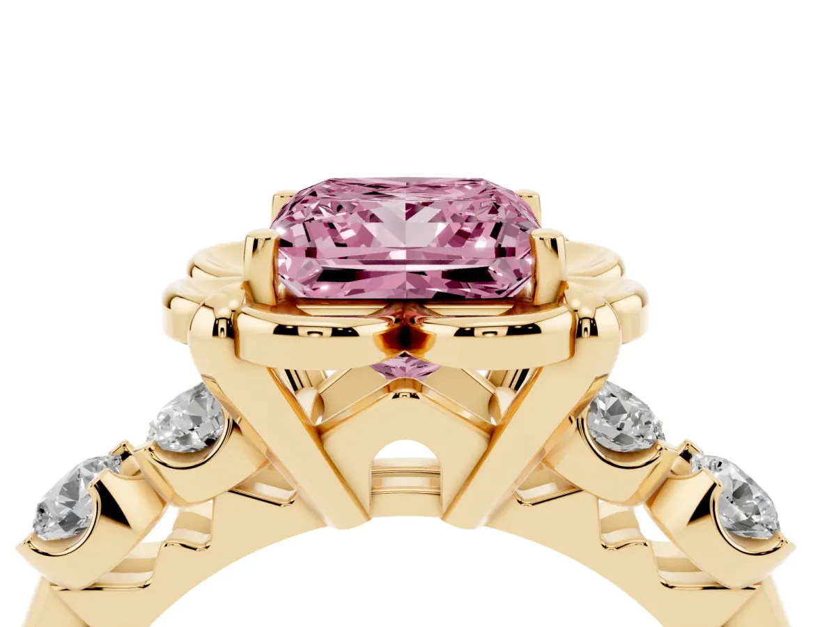 Fancy Pink Princess Cut Cut Diamond Floral Halo Engagement Ring with Shared Prong Setting Yellow gold