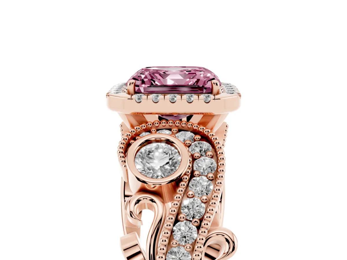 Fancy Pink Asscher Cut Diamond Halo Ring with Milgrain Pavé Band and Four-Prong Setting Rose gold