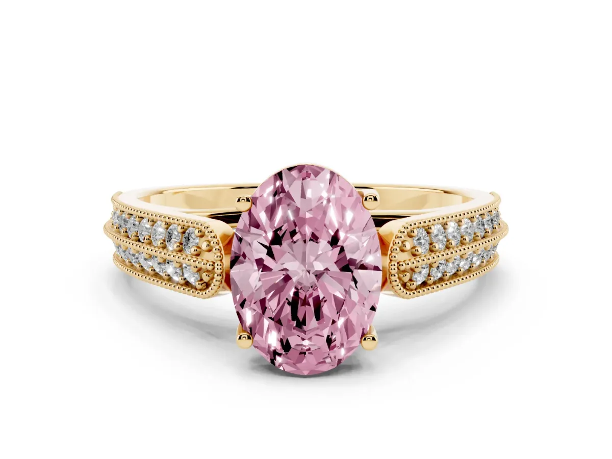 Fancy Pink Oval Cut Cut Pave Split Shank Engagement Ring with Four-Prong Setting Yellow gold