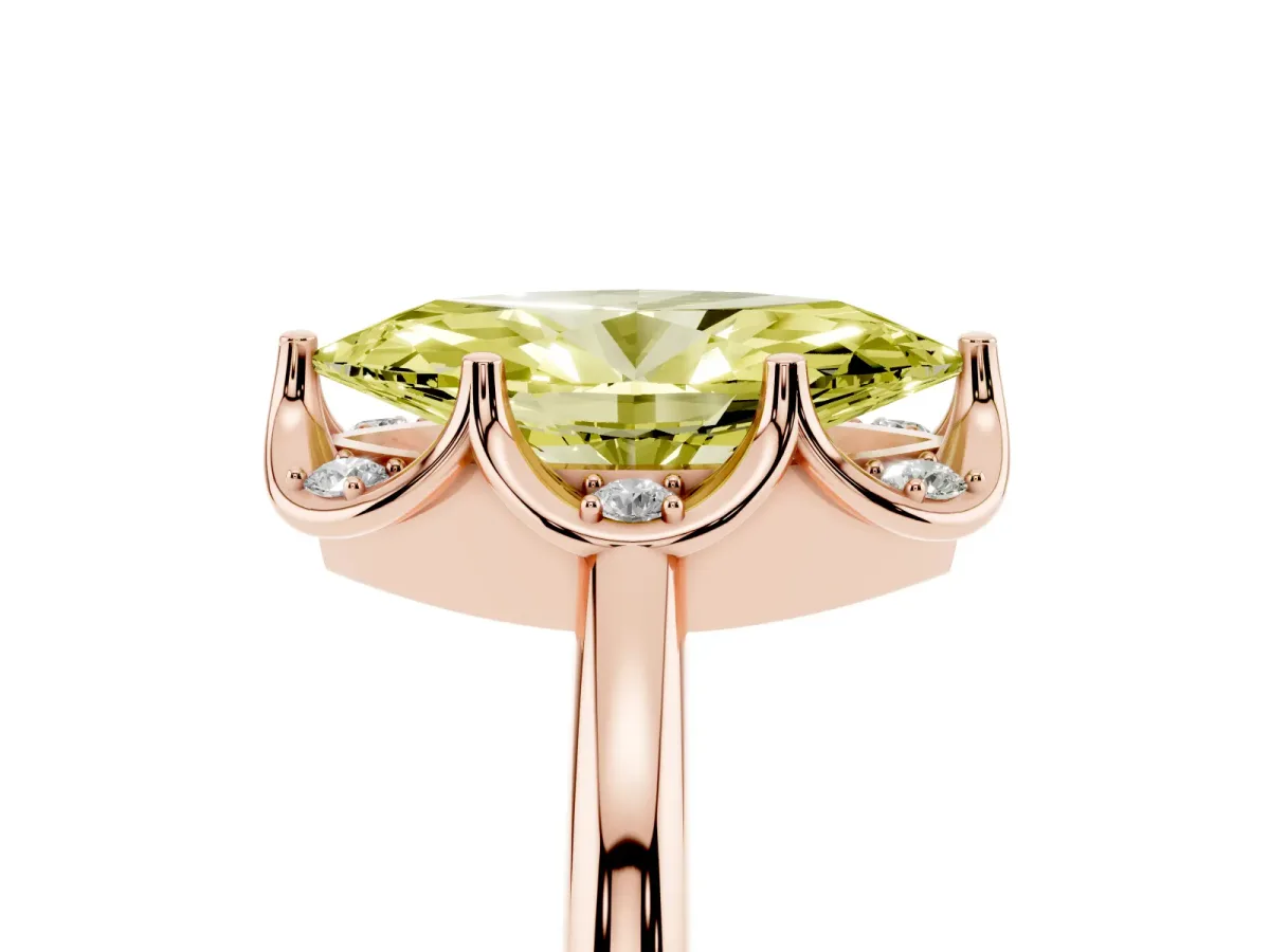Fancy Yellow Marquise Cut Halo Diamond Ring with Round Cluster Setting, Solitaire Band, and Four-Prong Setting Rose gold