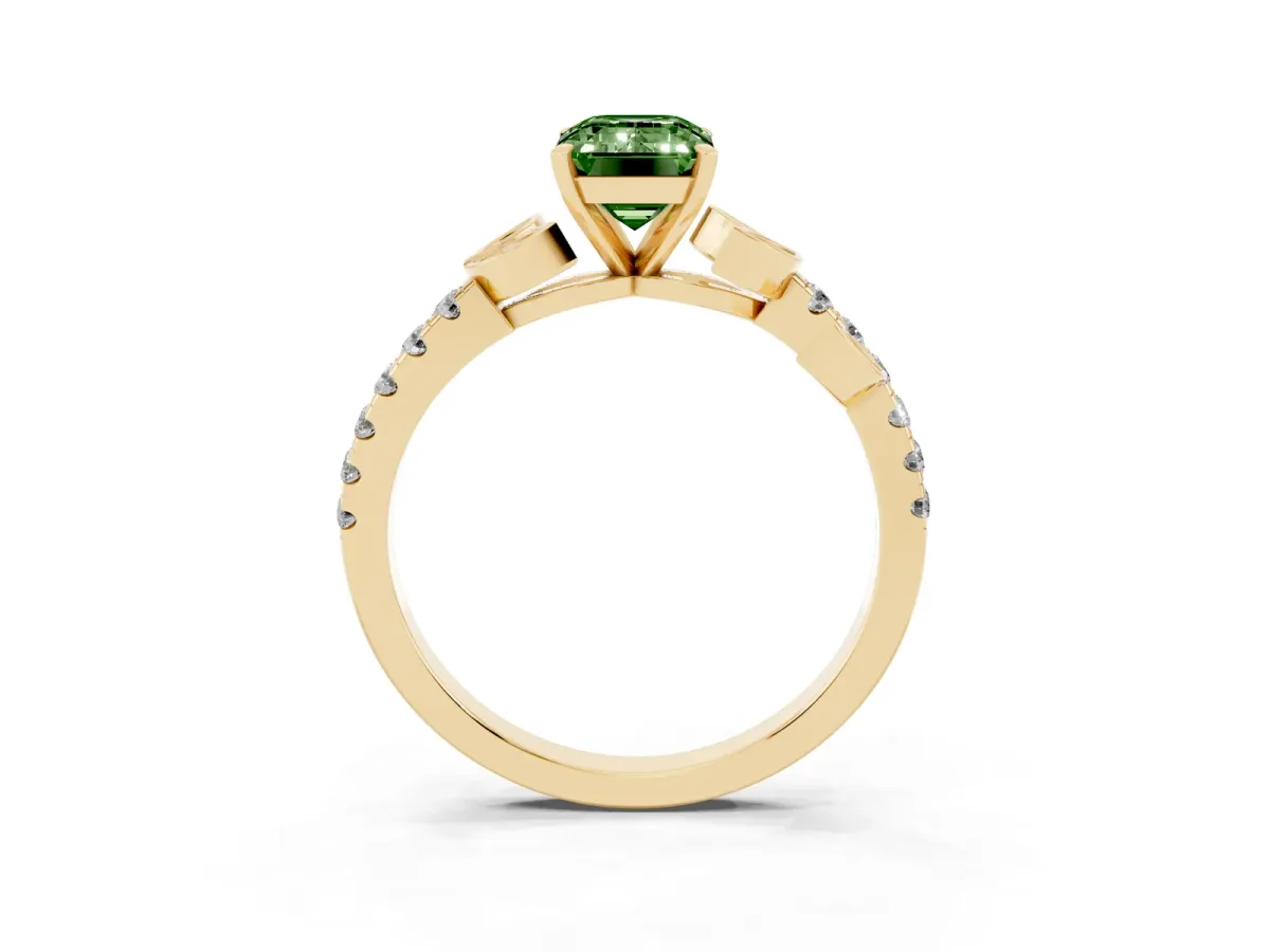 Fancy Green Emerald Cut Solitaire Leaf-Inspired Diamond Ring with Pavé Band and Four-Prong Setting Yellow gold