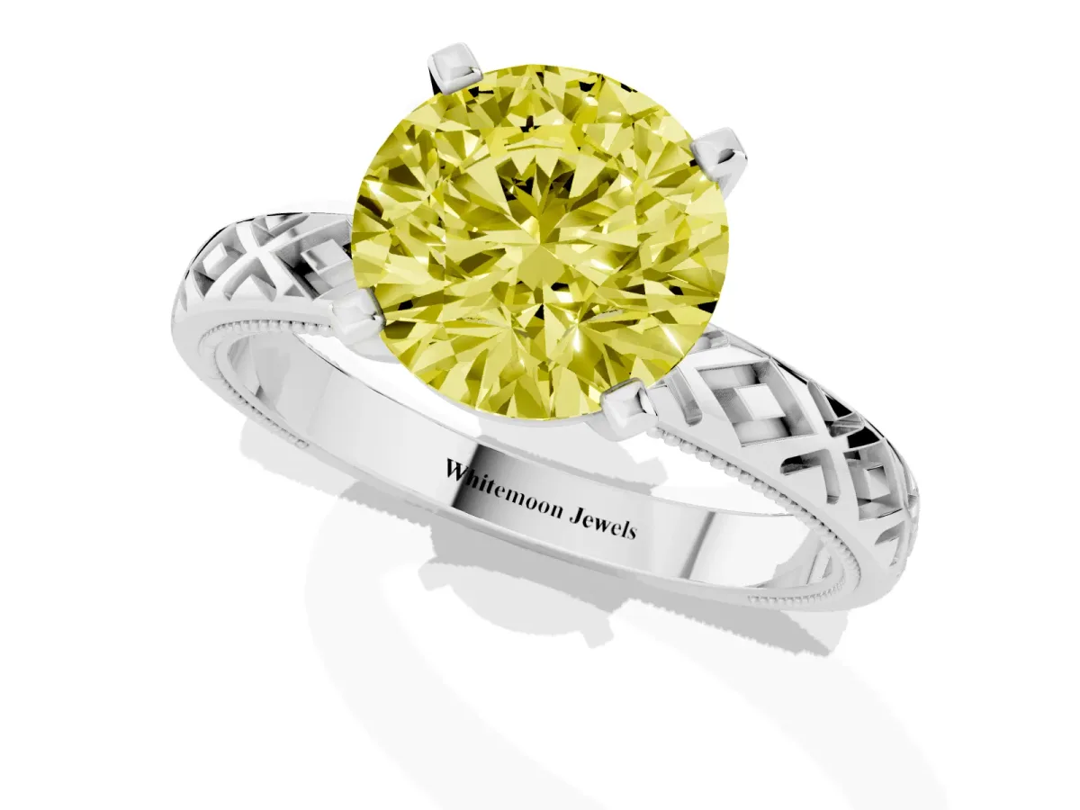 Fancy Yellow Round Cut Solitaire Diamond Ring with Milgrain and Black Enamel X Pattern Band Silver
