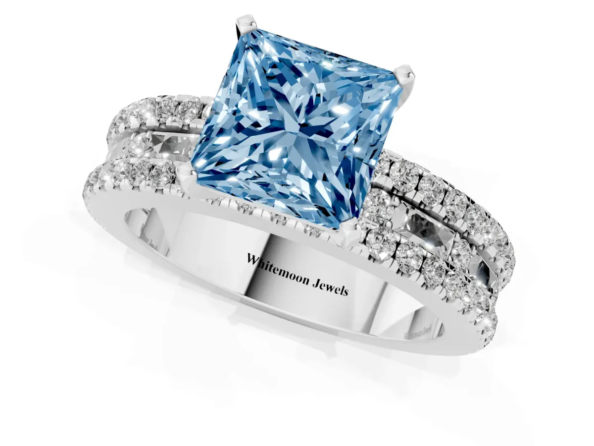 Fancy Blue Princess Cut Diamond Solitaire Ring with Pavé and Channel Set Band Silver