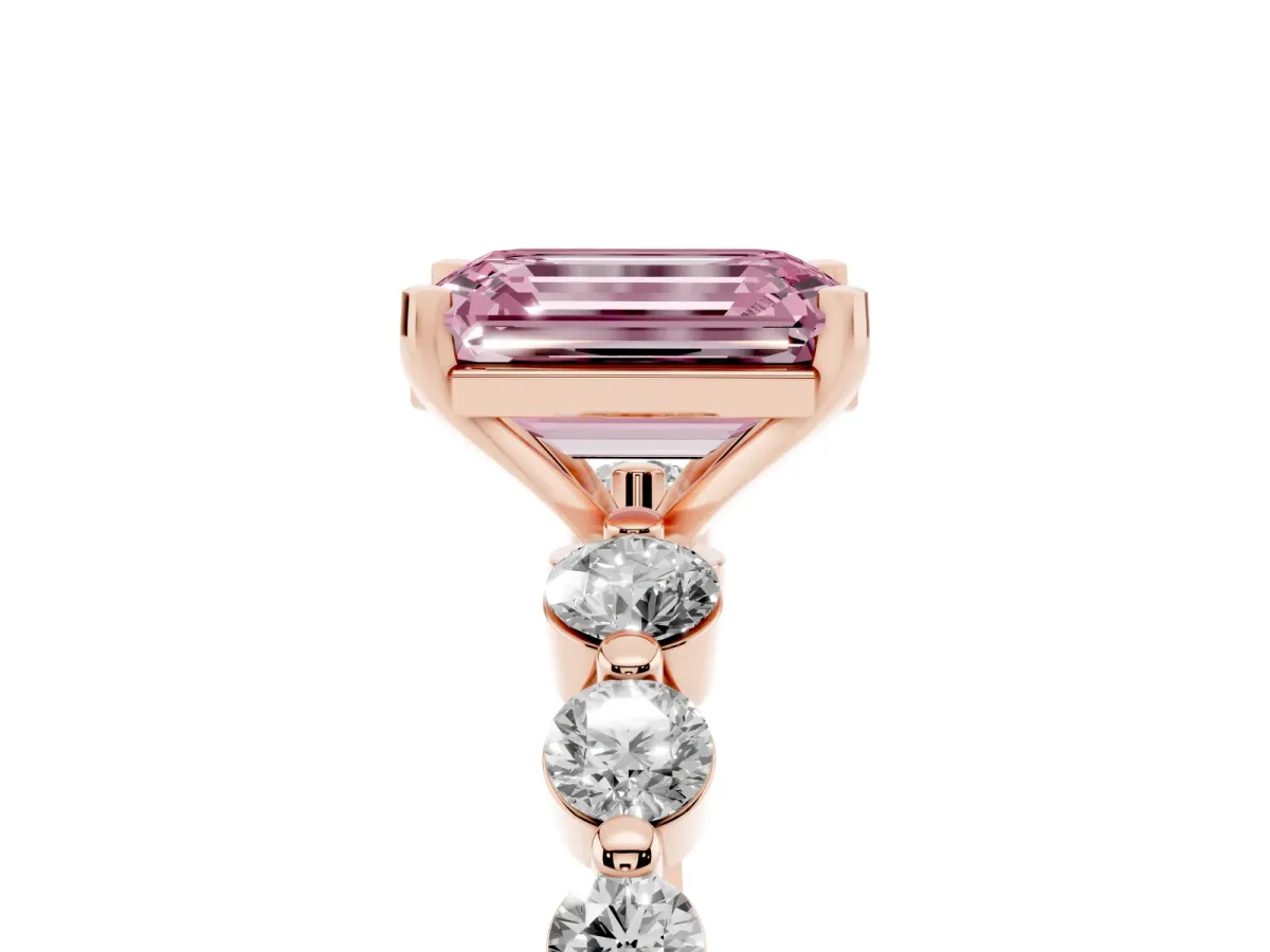 Fancy Pink Emerald Cut Solitaire Diamond Ring with Pave Band and Four-Prong Setting Rose gold