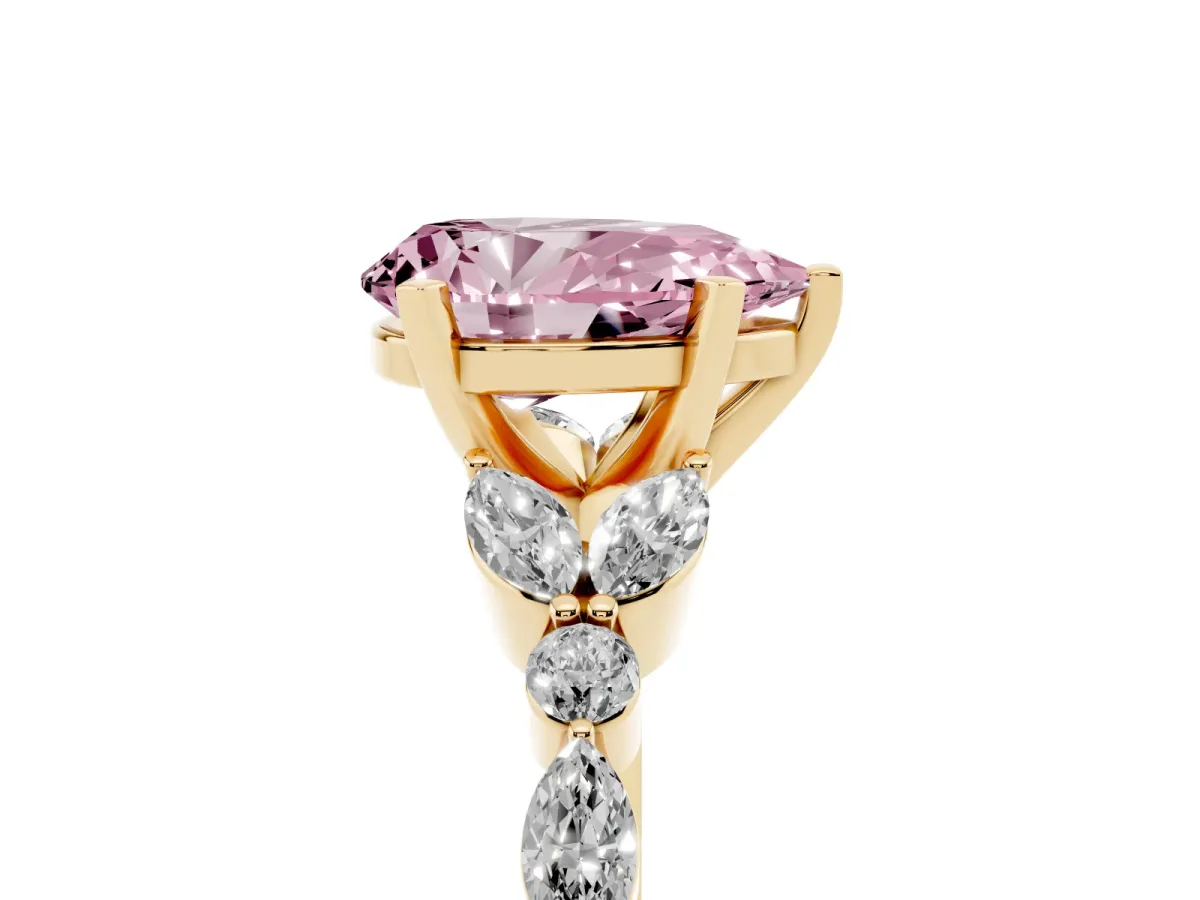 Fancy Pink Pear Cut Diamond Solitaire Ring with Side Stones and Four-Prong Setting Yellow gold
