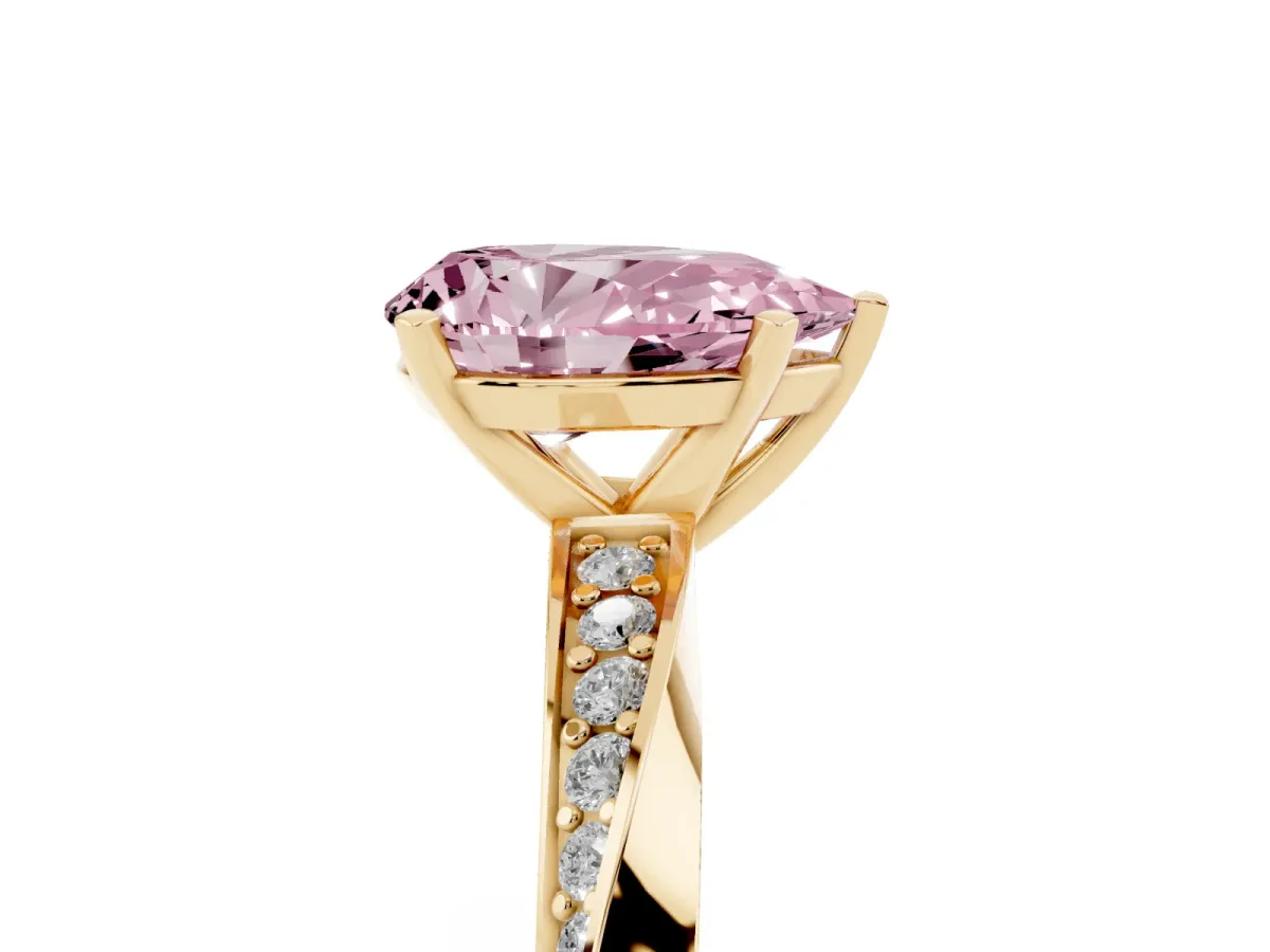 Fancy Pink Pear Cut Diamond Engagement Ring with Side Stone Accents and Four-Prong Setting Yellow gold