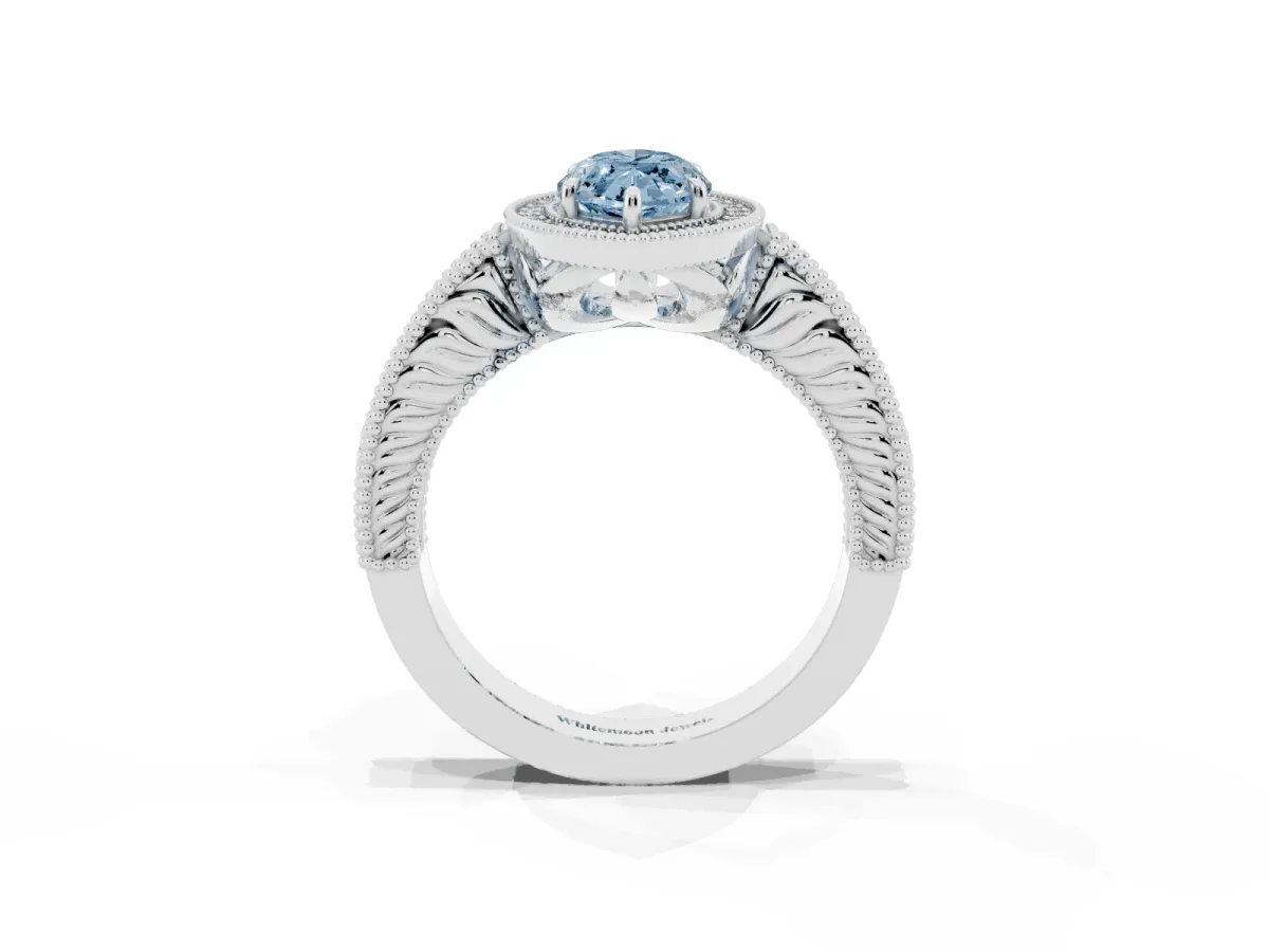 Fancy Blue Marquise Cut Cut Halo Diamond Ring with Pavé Band and Four-Prong Setting White gold