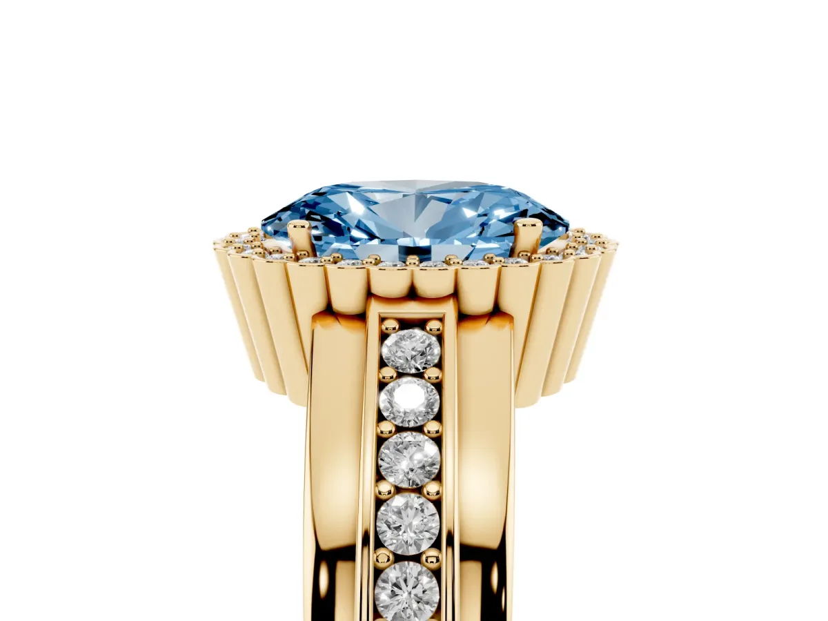 Fancy Blue Oval Cut Cut Halo Pave Band Four-Prong Ring Yellow gold