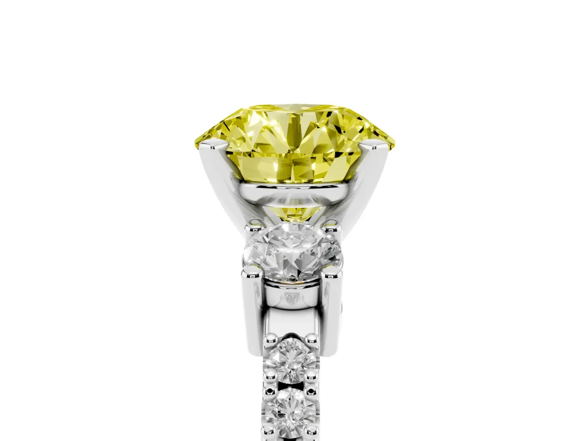 Fancy Yellow Round Cut Three-Stone Diamond Pavé Band with Prong Setting Silver