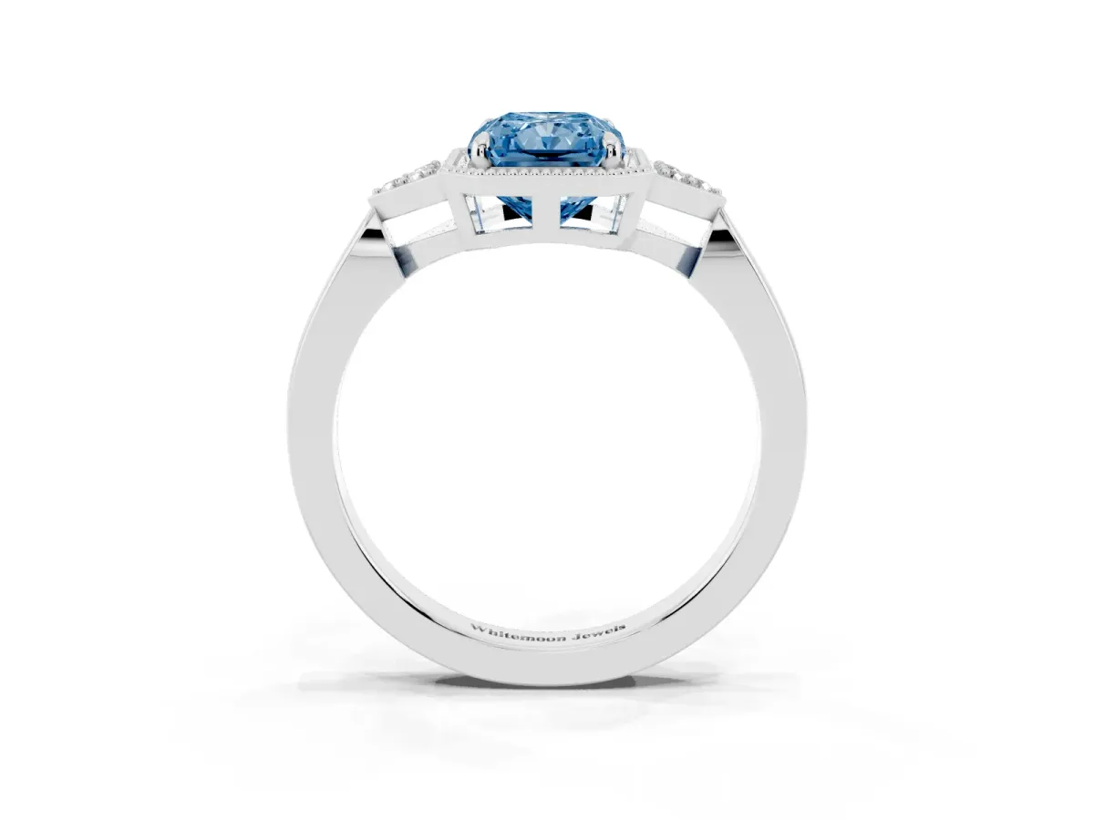 Fancy Blue Radiant Cut Diamond Halo Ring with Tapered Band and Four-Prong Setting Silver