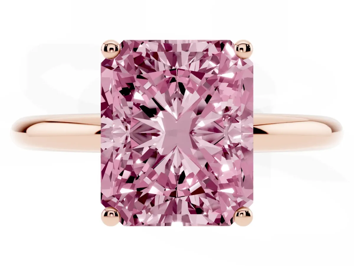 Fancy Pink Radiant Cut Cut Solitaire Engagement Ring with Four-Prong Setting and Classic Band Rose gold