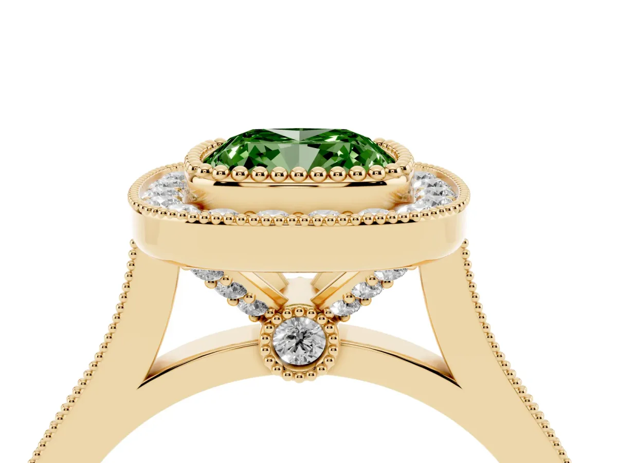 Fancy Green Cushion Cut Diamond Halo Ring with Milgrain Frame and Pavé Band Yellow gold