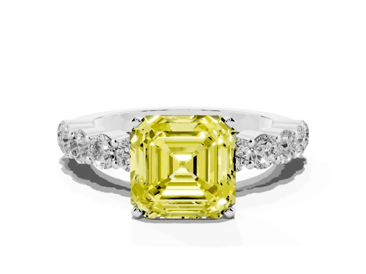Fancy Yellow Asscher Cut Diamond Solitaire Ring with Shared Prong Round Side Stones White gold