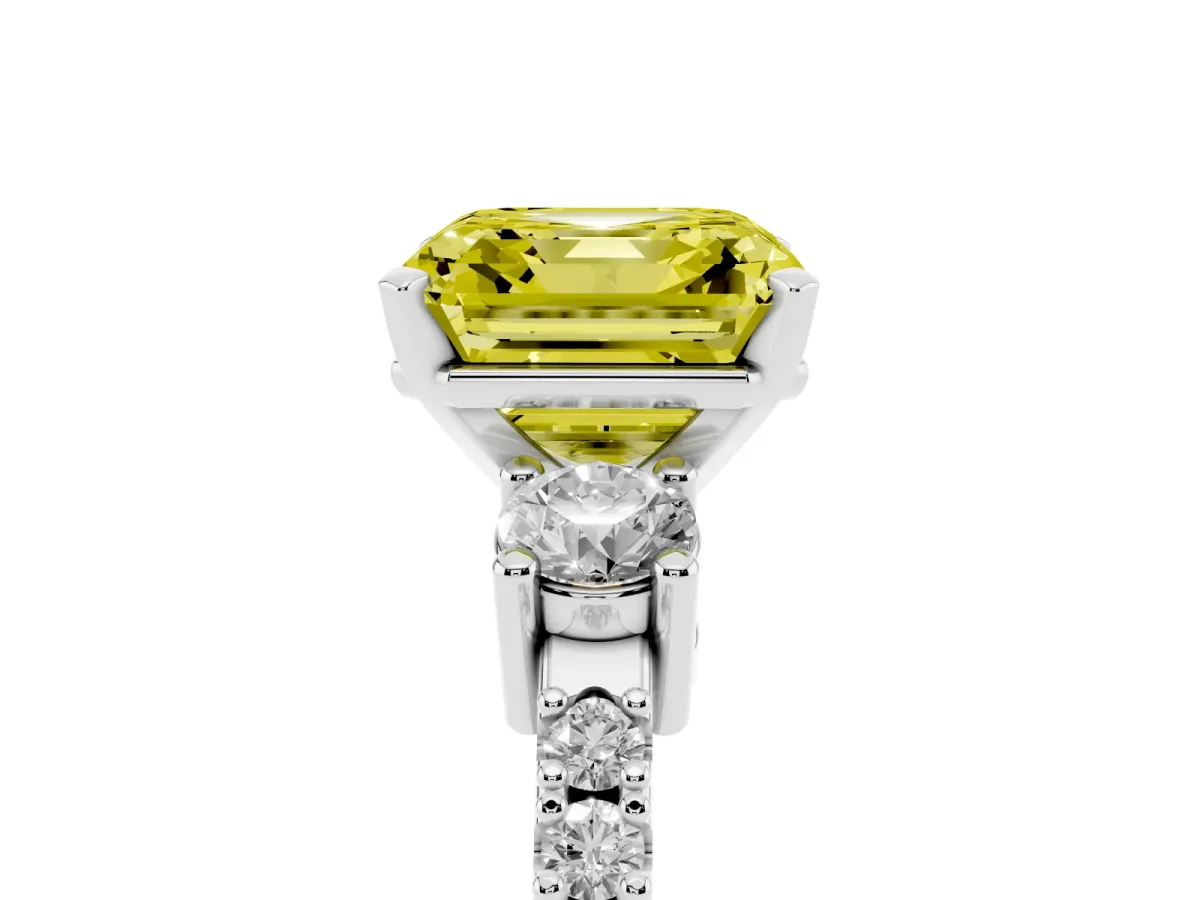 Fancy Yellow Asscher Cut Three-Stone Diamond Pavé Band with Prong Setting Silver